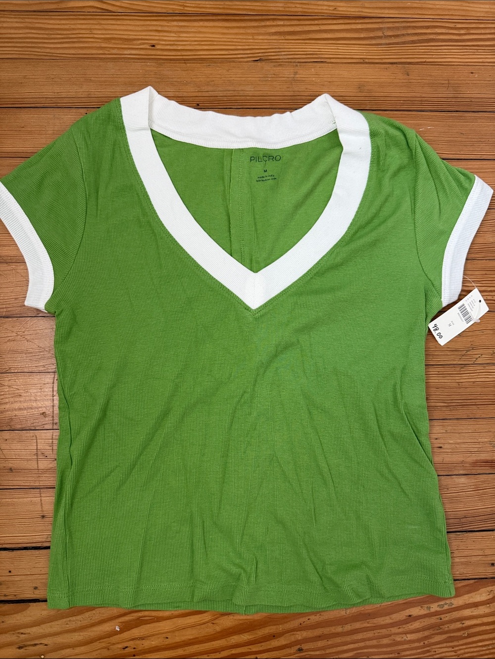 Pilcro Green V-Neck Tee with White Trim - Size M / new with tags